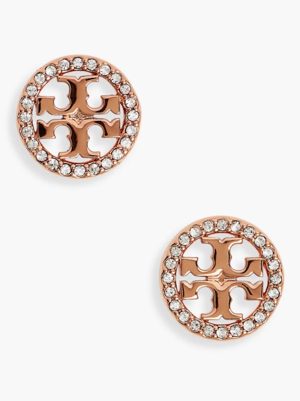 Tory Burch Crystal Logo Stud Earrings Rose Gold Pavé Circle Logo Earrings